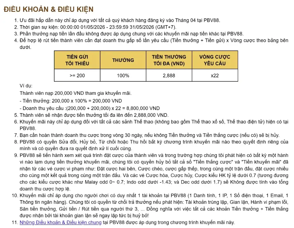 Điều kiện tham gia CTKM đăng nhập PBV88